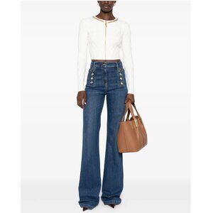 Elisabetta Franchi Palazzo Jeans 31" / Size 27 / Blue Button High Rise Wide Leg